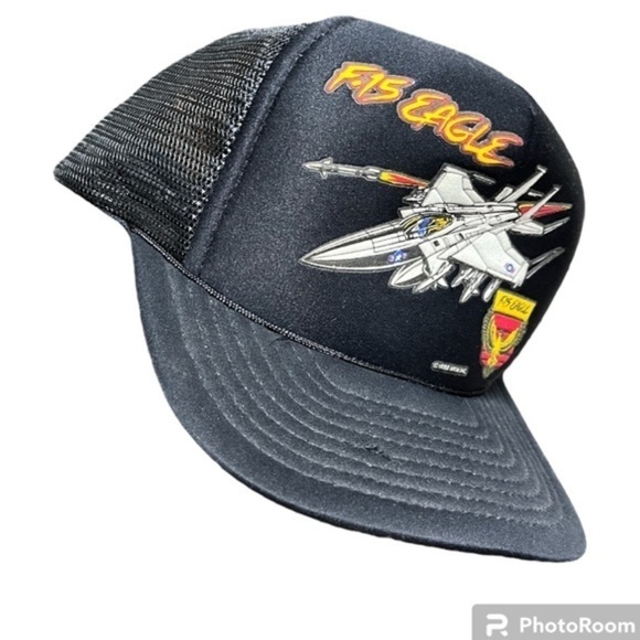 Vintage 80s F-15 Eagle Tactile Fighter Jet Trucker Hat Snap Back Black NKM INC - Picture 2 of 9